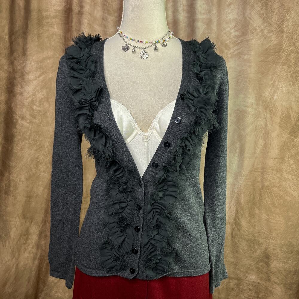 Y2K Grunge Ruffled Cardigan Sweater Button Up Gray V Neck Dark Academia Gothic